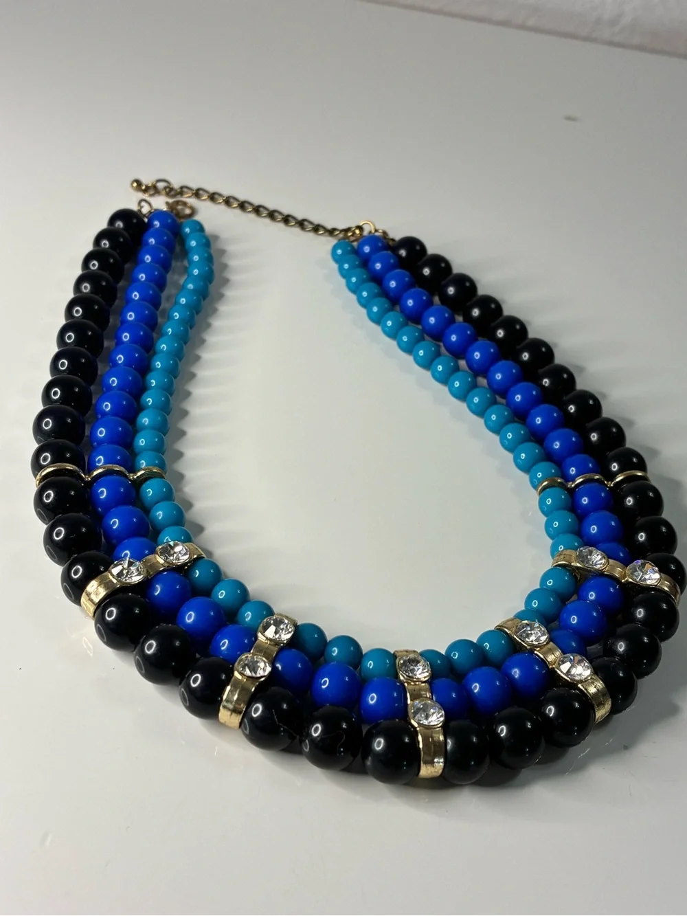 Triple-Strand Blue & Black Beaded Statement Party Necklace with Rhinestones EUC